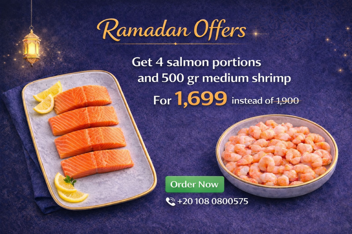 قطع سمك السلمون الممتازة (4 × 200 غرام) + 500 غرام من الجمبري (30/40 حبة)